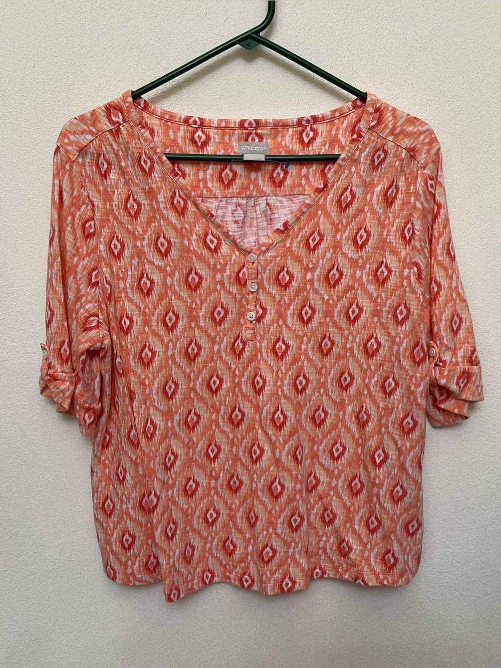 Chico's Orange Red White Patterned 3 Button Short Sleeve Top Size 2 US L/12
